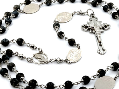 Virgin Mary and Saint Michael unique rosary beads with labradorite gemstone and engraved Saint Michael medals and Saint Benedict stainless steel crucifix.