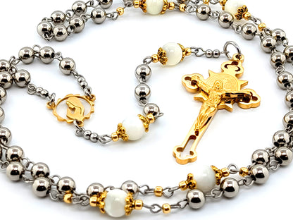 Virgin Mary unique rosary beads with mother of pearl gemstone and stainless steel beads and engraved Saint Benedict stainless steel crucifix.