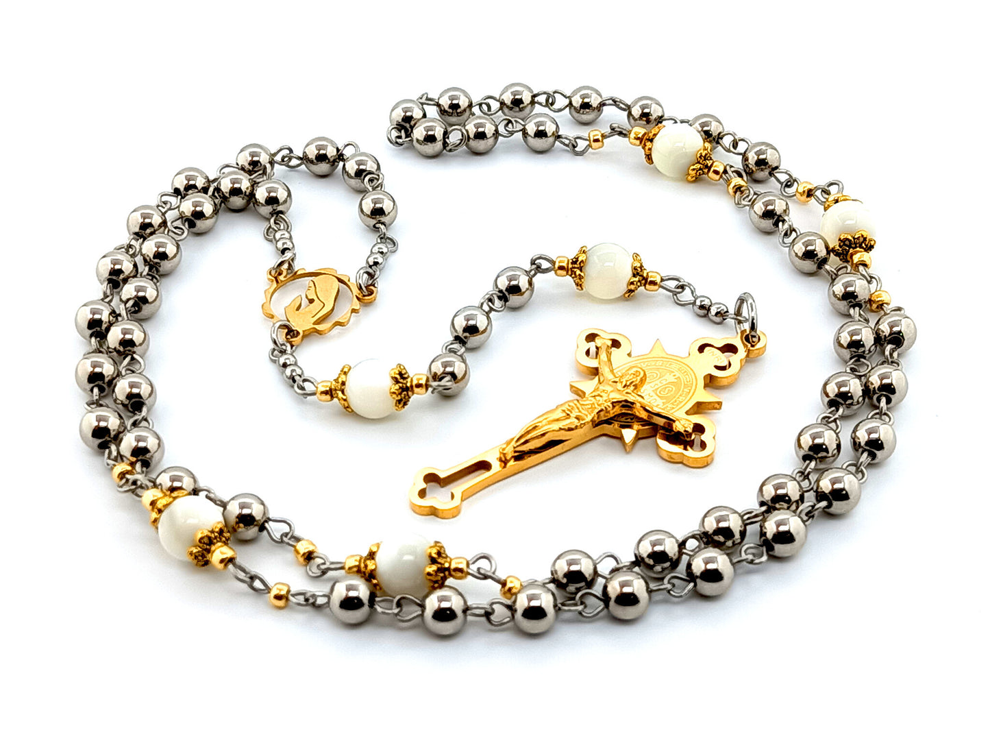Virgin Mary unique rosary beads with mother of pearl gemstone and stainless steel beads and engraved Saint Benedict stainless steel crucifix.