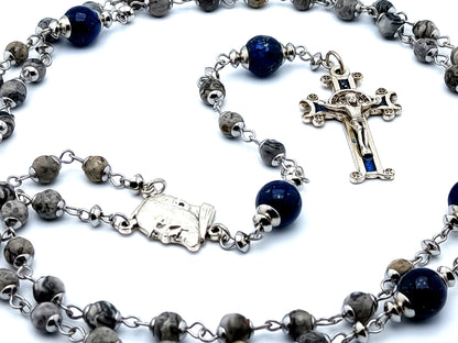 Saint Padre Pio unique rosary beads with lapis lazuli and jasper gemstone beads and Saint Benedict scroll enamel crucifix.