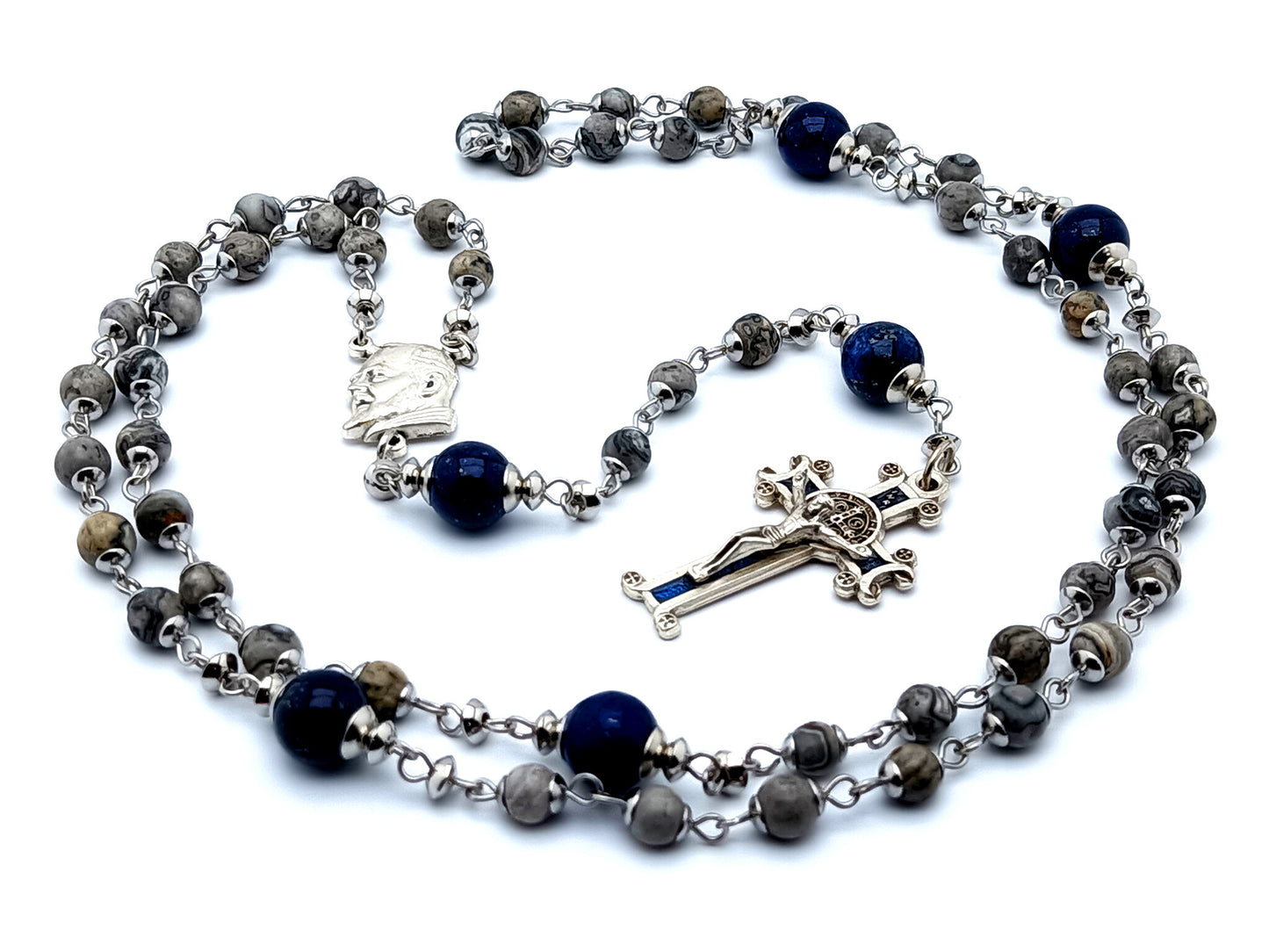 Saint Padre Pio unique rosary beads with lapis lazuli and jasper gemstone beads and Saint Benedict scroll enamel crucifix.