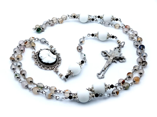 Virgin and child Jesus cameo unique rosary beads with agate and alabaster gemstone beads and engraved stainless steel Saint Benedict crucifix.