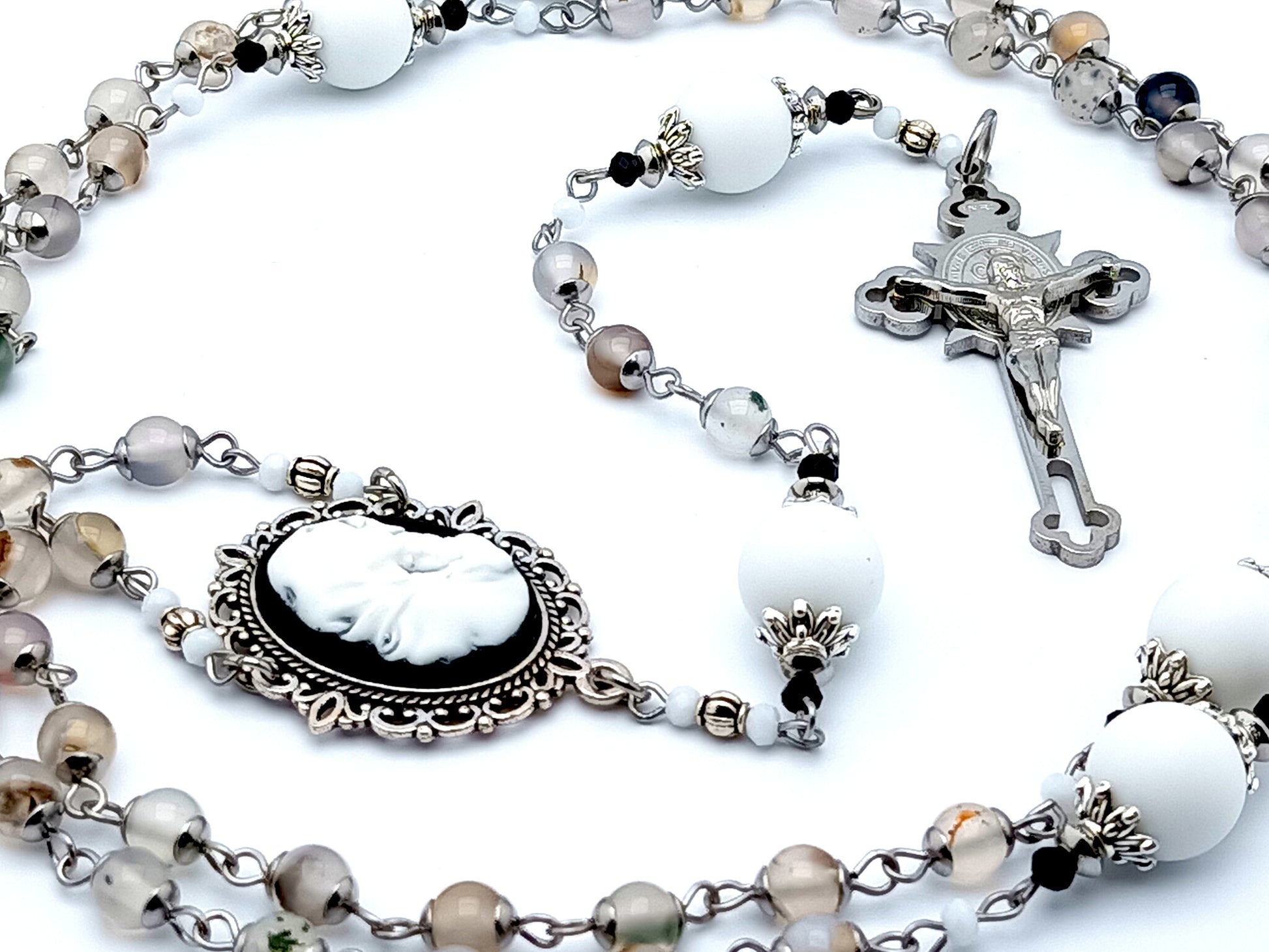 Virgin and child Jesus cameo unique rosary beads with agate and alabaster gemstone beads and engraved stainless steel Saint Benedict crucifix.
