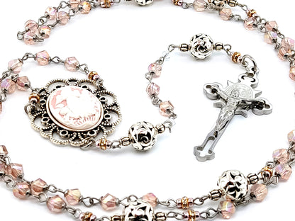 Guardian Angel cameo unique rosary beads with glass and silver beads and stainless steel engraved Saint Benedict crucifix.