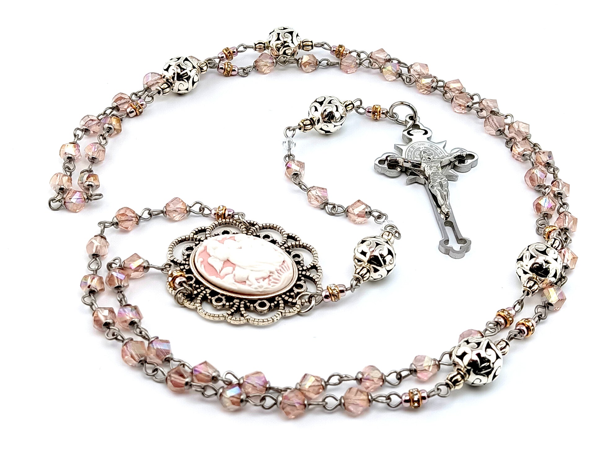 Guardian Angel cameo unique rosary beads with glass and silver beads and stainless steel engraved Saint Benedict crucifix.