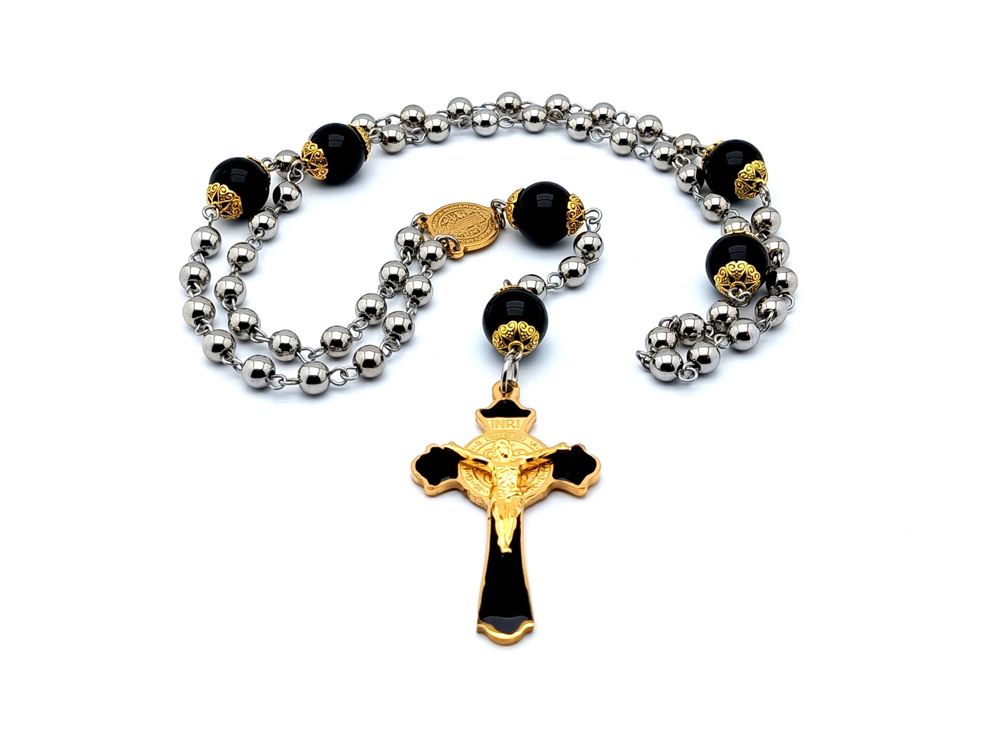 Saint Benedict unique rosary beads with stainless steel and onyx gemstone beads and enamel and gold Saint Benedict crucifix.