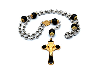Saint Benedict unique rosary beads with stainless steel and onyx gemstone beads and enamel and gold Saint Benedict crucifix.