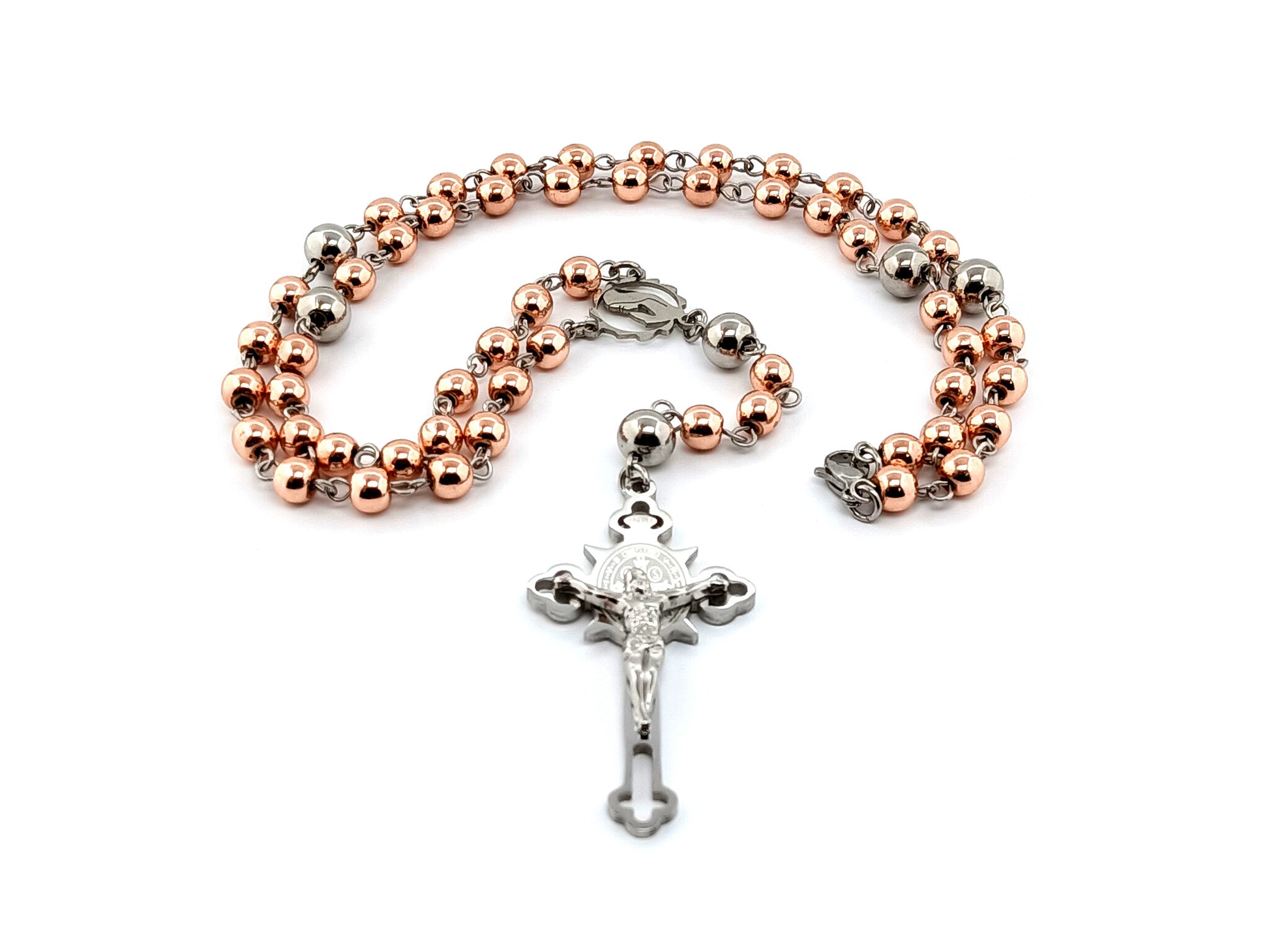Virgin Mary unique rosary beads necklace with hematite gemstone and stainless steel beads and engraved Saint Benedict stainless steel crucifix.