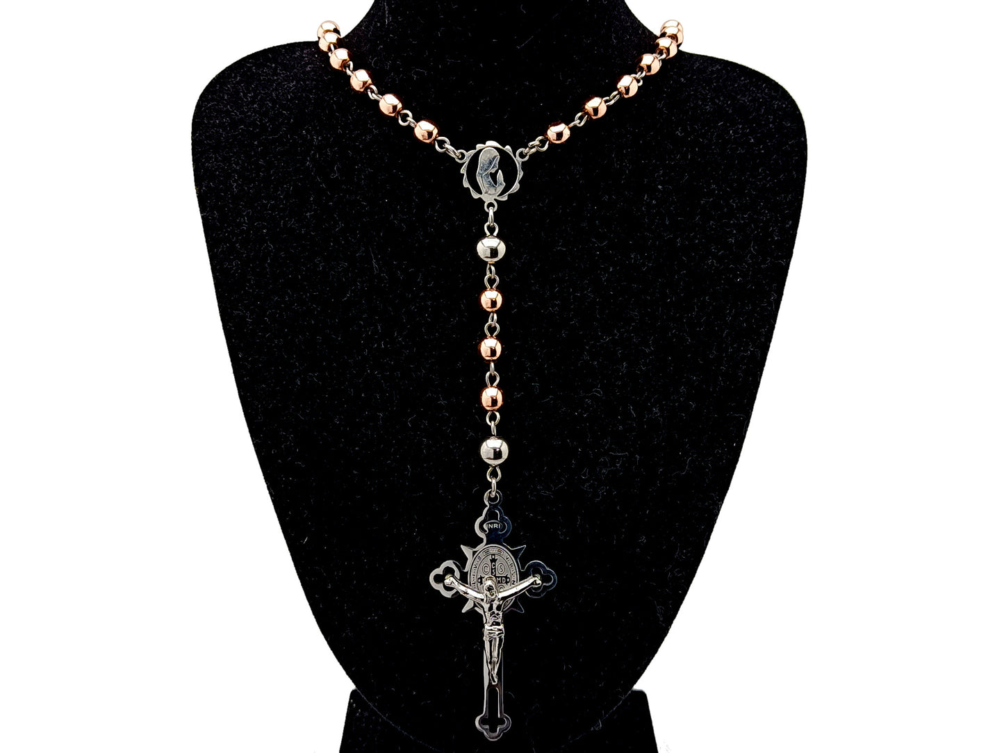 Virgin Mary unique rosary beads necklace with hematite gemstone and stainless steel beads and engraved Saint Benedict stainless steel crucifix.