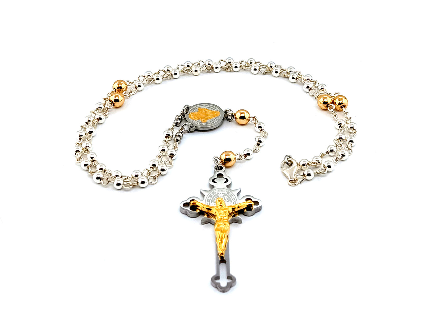 Saint Benedict unique rosary beads with sterling silver and hematite gemstone beads and engraved stainless steel crucifix.