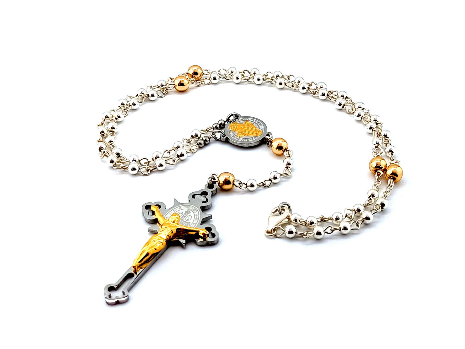 Saint Benedict unique rosary beads with sterling silver and hematite gemstone beads and engraved stainless steel crucifix.