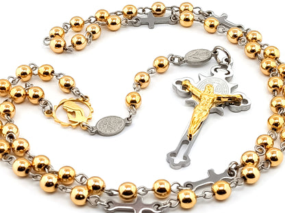 Virgin Mary unique rosary beads with hematite gemstone and stainless steel cross beads and stainless steel Saint Benedict crucifix and Miraculous medal beads.