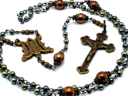 Miniature Miraculous medal vintage style unique rosary beads with hematite gemstone and copper beads and brass crucifix.