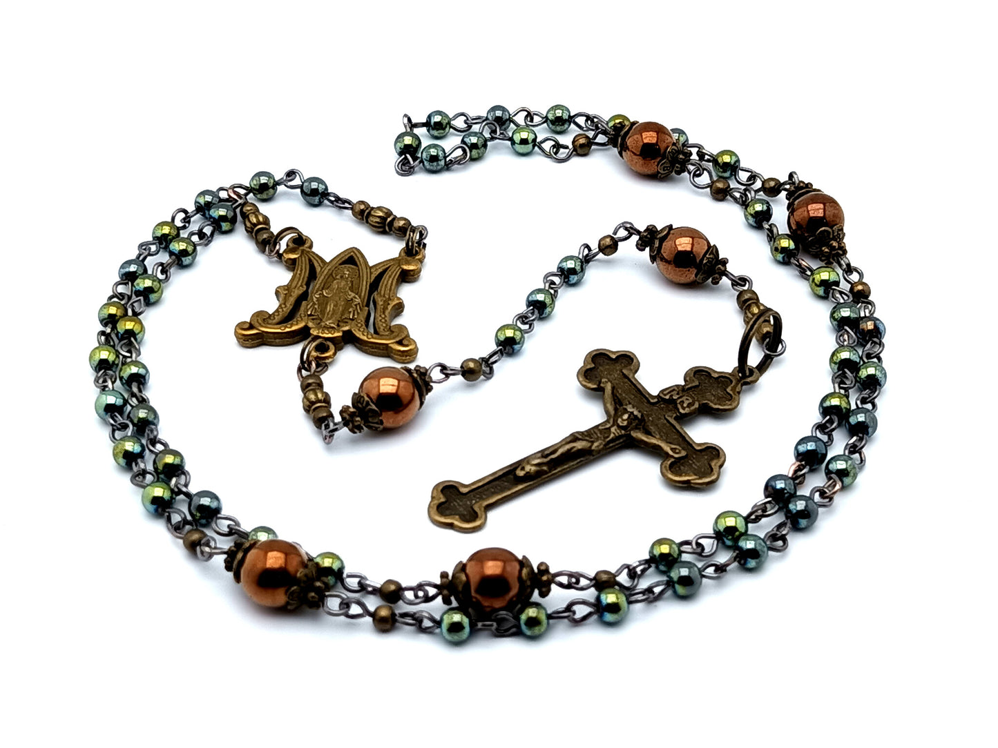Miniature Miraculous medal vintage style unique rosary beads with hematite gemstone and copper beads and brass crucifix.