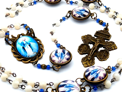 Our Lady of Grace unique rosary beads with vintage style mother of pearl beads with Saint Michael and Miraculous medal brass crucifix.