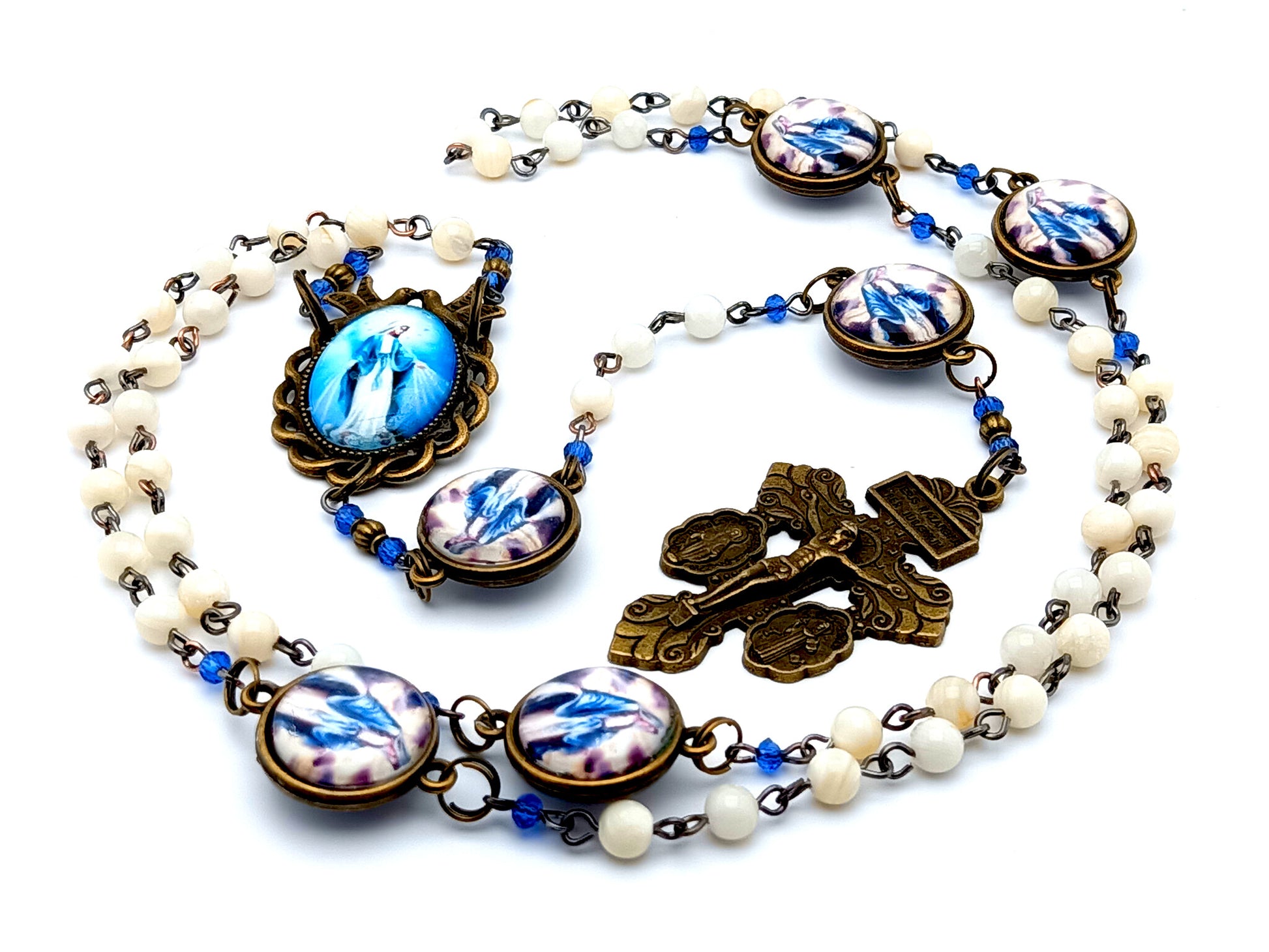 Our Lady of Grace unique rosary beads with vintage style mother of pearl beads with Saint Michael and Miraculous medal brass crucifix.