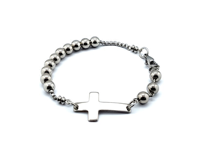 Stainless steel unique rosary beads single decade rosary bracelet with large linking cross bead on a stainless steel snake chain.
