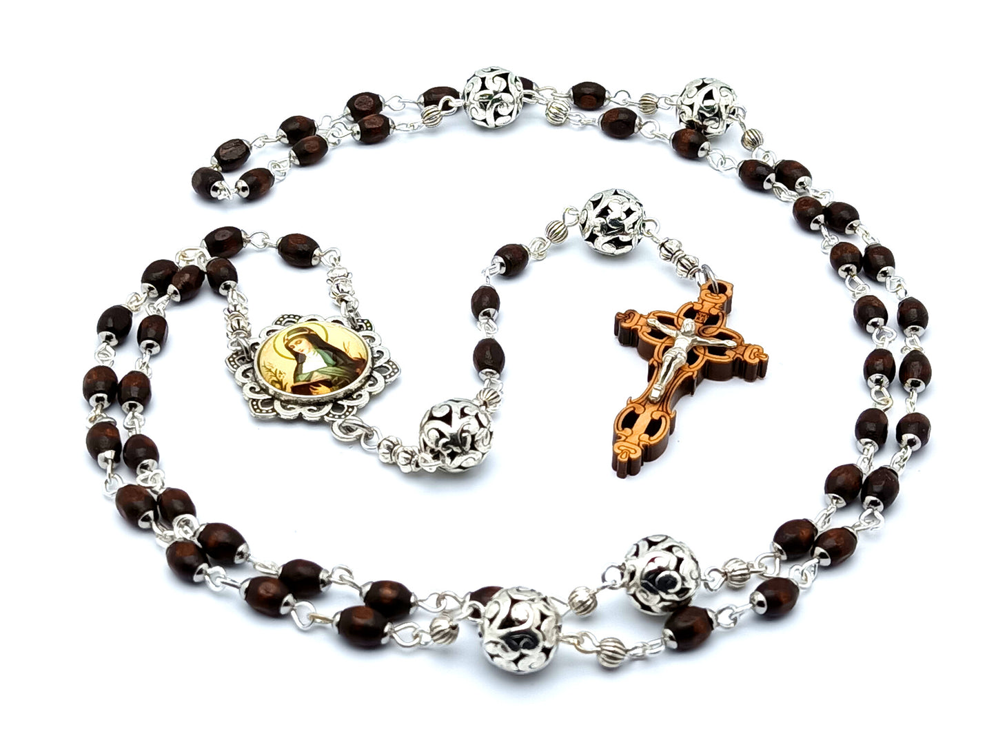 Saint Bridget of Sweden unique rosary beads with wooden beads and olive wood laser cut crucifix and silver corpus.