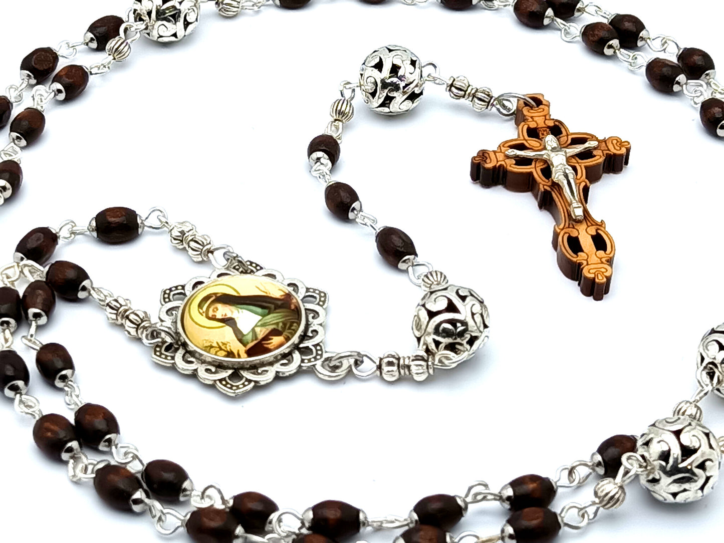 Saint Bridget of Sweden unique rosary beads with wooden beads and olive wood laser cut crucifix and silver corpus.