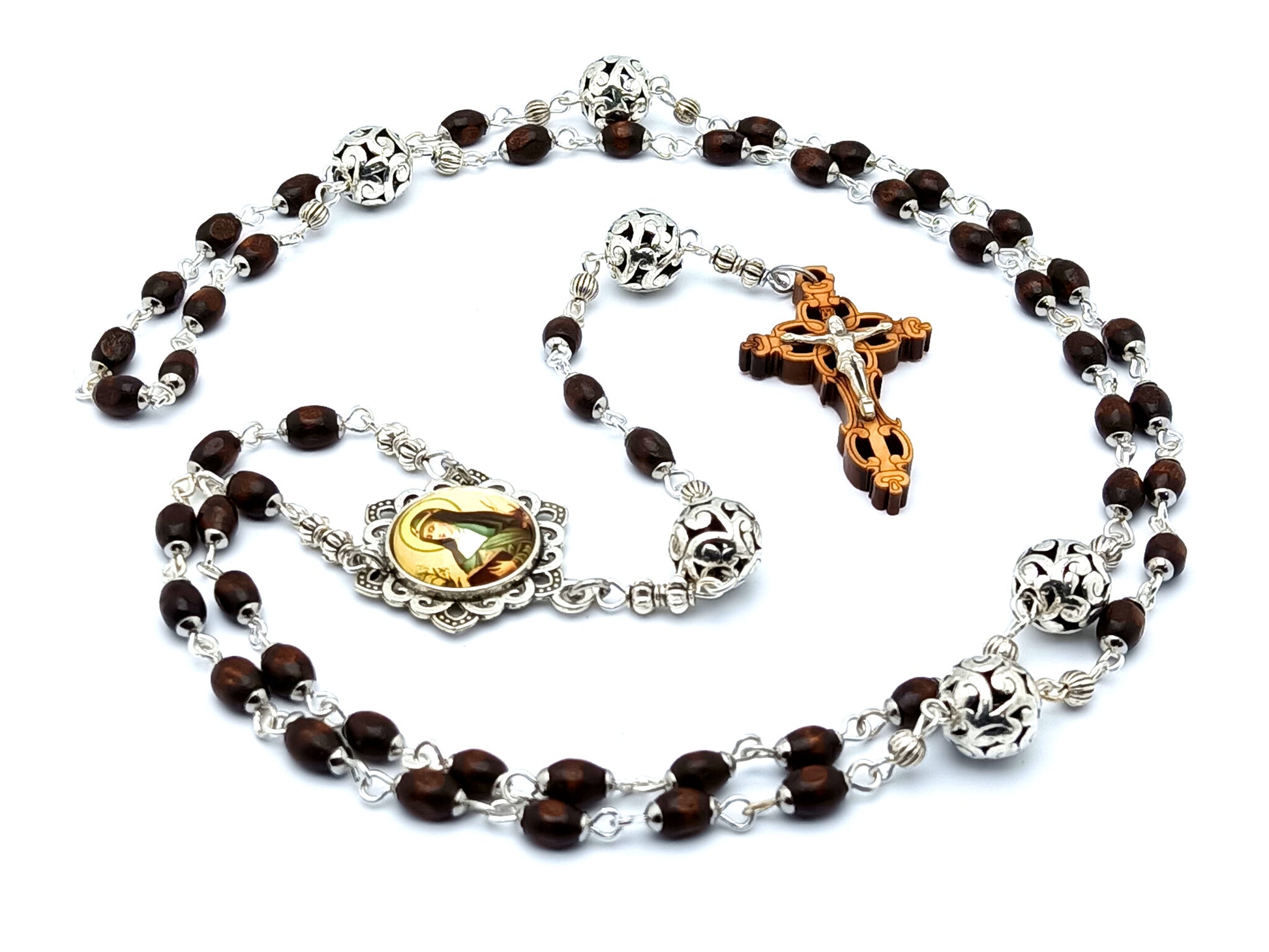 Saint Bridget of Sweden unique rosary beads with wooden beads and olive wood laser cut crucifix and silver corpus.