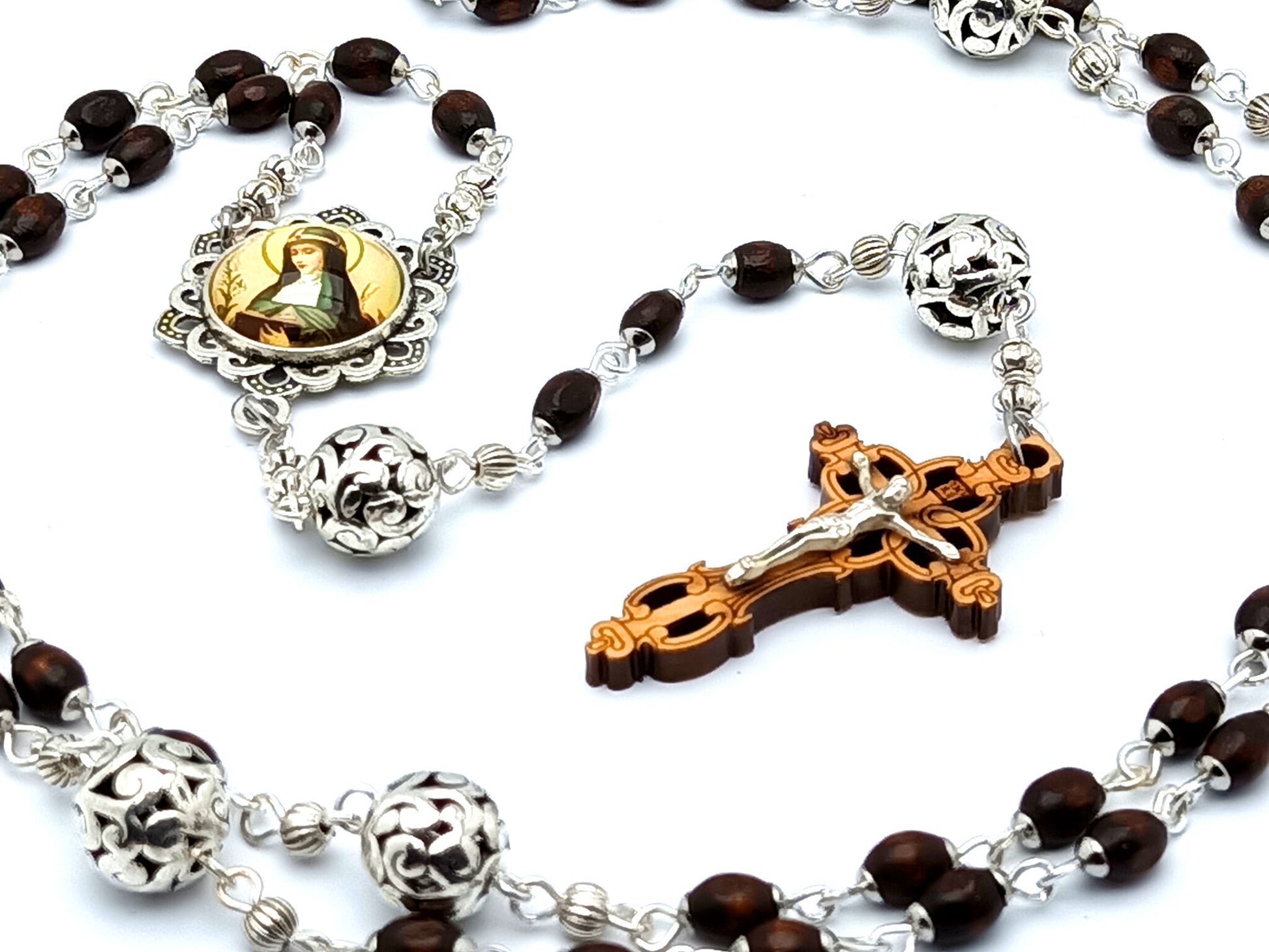 Saint Bridget of Sweden unique rosary beads with wooden beads and olive wood laser cut crucifix and silver corpus.