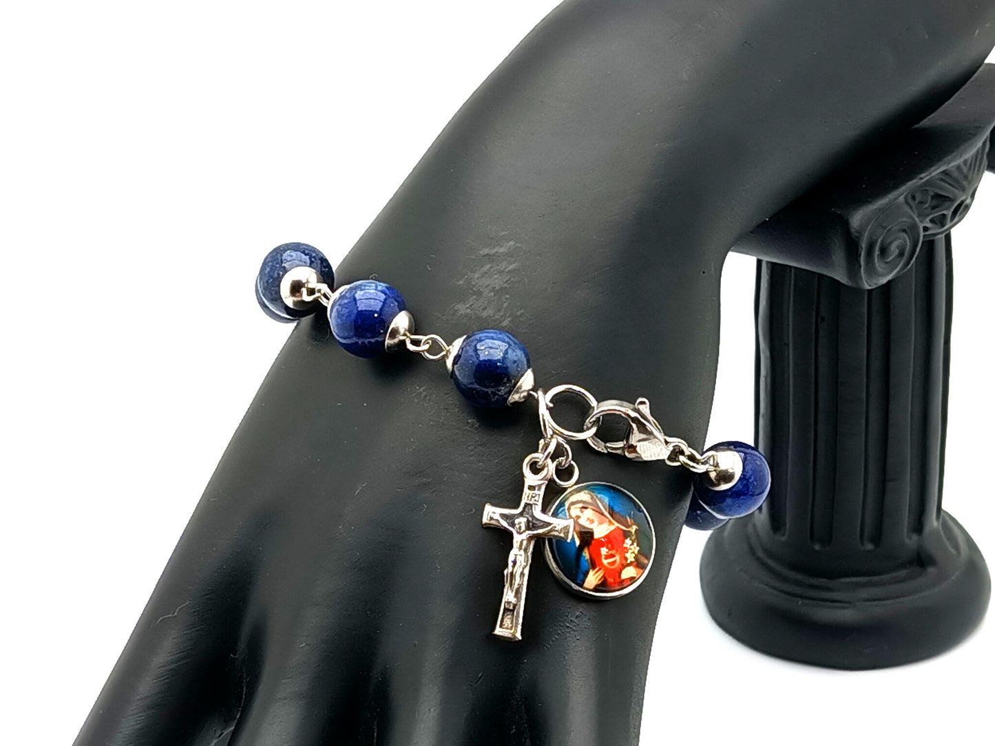 Immaculate Heart of Mary unique rosary beads lapis lazuli gemstone single decade rosary bracelet with silver plated crucifix.