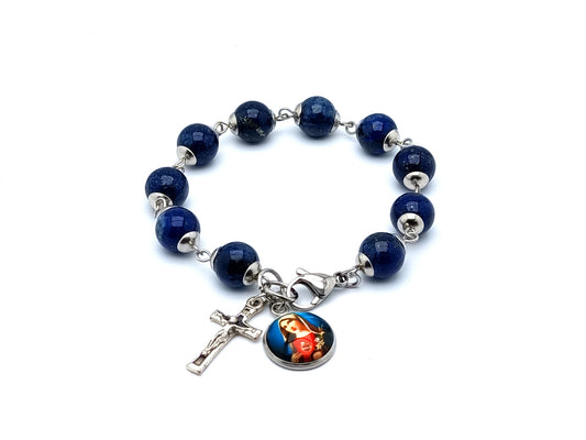 Immaculate Heart of Mary unique rosary beads lapis lazuli gemstone single decade rosary bracelet with silver plated crucifix.