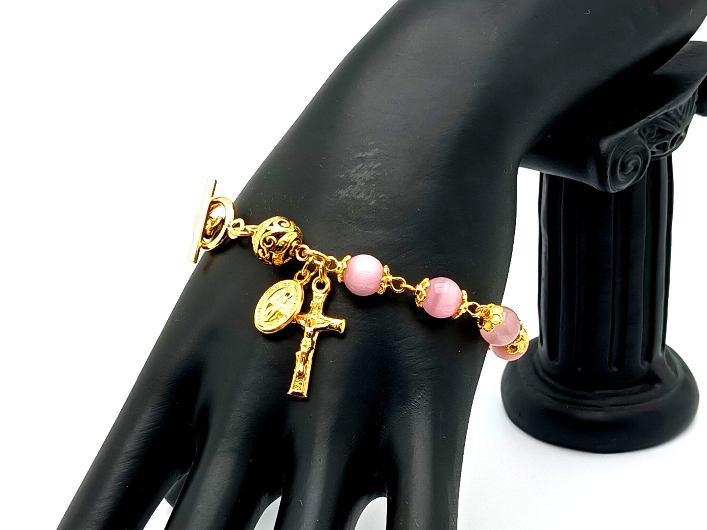 Miraculous medal unique rosary beads gold and pink cats eye single decade rosary bracelet with gold Our Father bead and crucifix.
