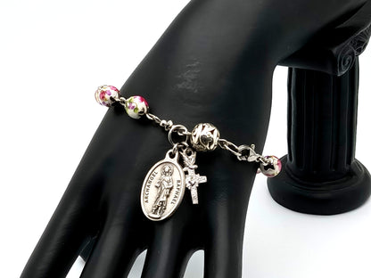 Archangel Raphael unique rosary beads porcelain and silver single decade rosary bracelet with Holy Spirit cross.