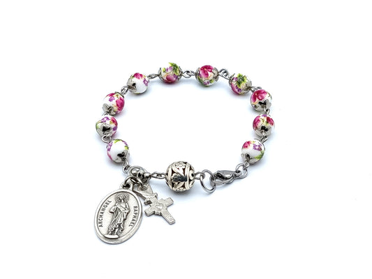 Archangel Raphael unique rosary beads porcelain and silver single decade rosary bracelet with Holy Spirit cross.