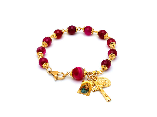 Our Lady Helper of Christians unique rosary beads with agate gemstone single decade rosary bracelet with gold plated Miraculous medal and crucifix.