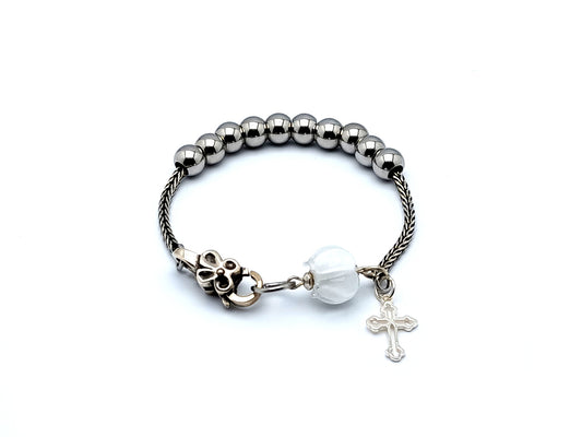 925 sterling silver and stainless steel unique rosary beads single decade rosary bracelet with glass flower bead and 925 sterling silver cross.