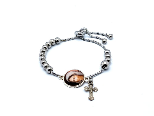 Virgin Mary stainless steel single decade rosary bracelet with double sided crucifix and adjustable link.