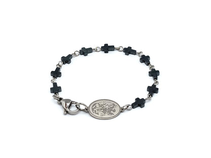 Saint Michael single decade rosary bracelet with hematite gemstone cross beads and stainless steel Saint Michael linking medal.