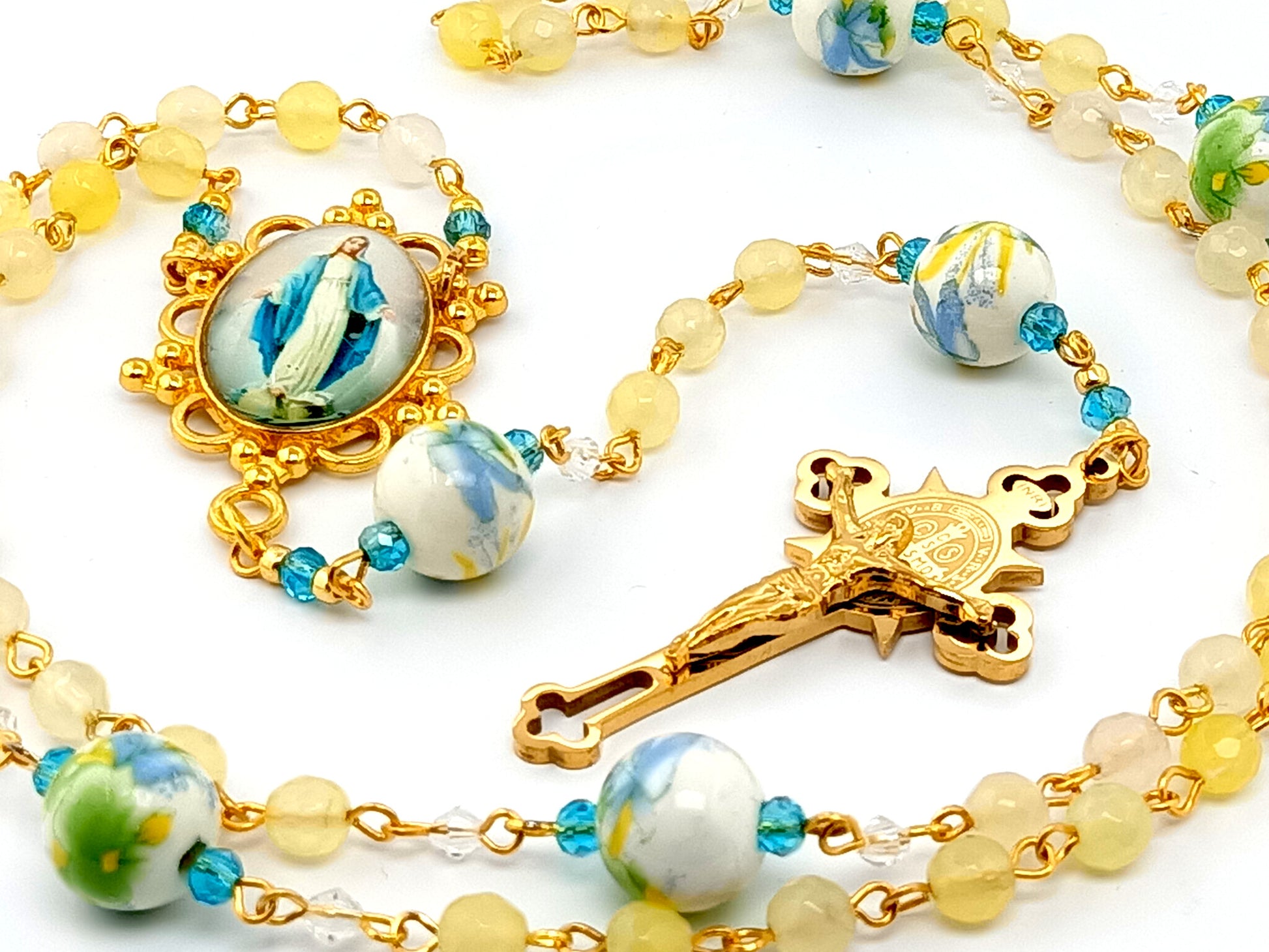 Our Lady of Grace unique rosary beads with agate gemstone and floral porcelain beads and gold plated etched Saint Benedict crucifix.