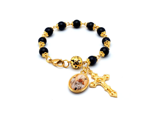 Saint John Paul II unique rosary beads blue stone gemstone single decade rosary bracelet with gold plated filigree crucifix and double sided John Paul II picture medal.