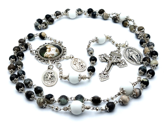 Virgin Mary and St Francis unique rosary beads with black and white gemstone beads and pardon crucifix and miraculous medal.