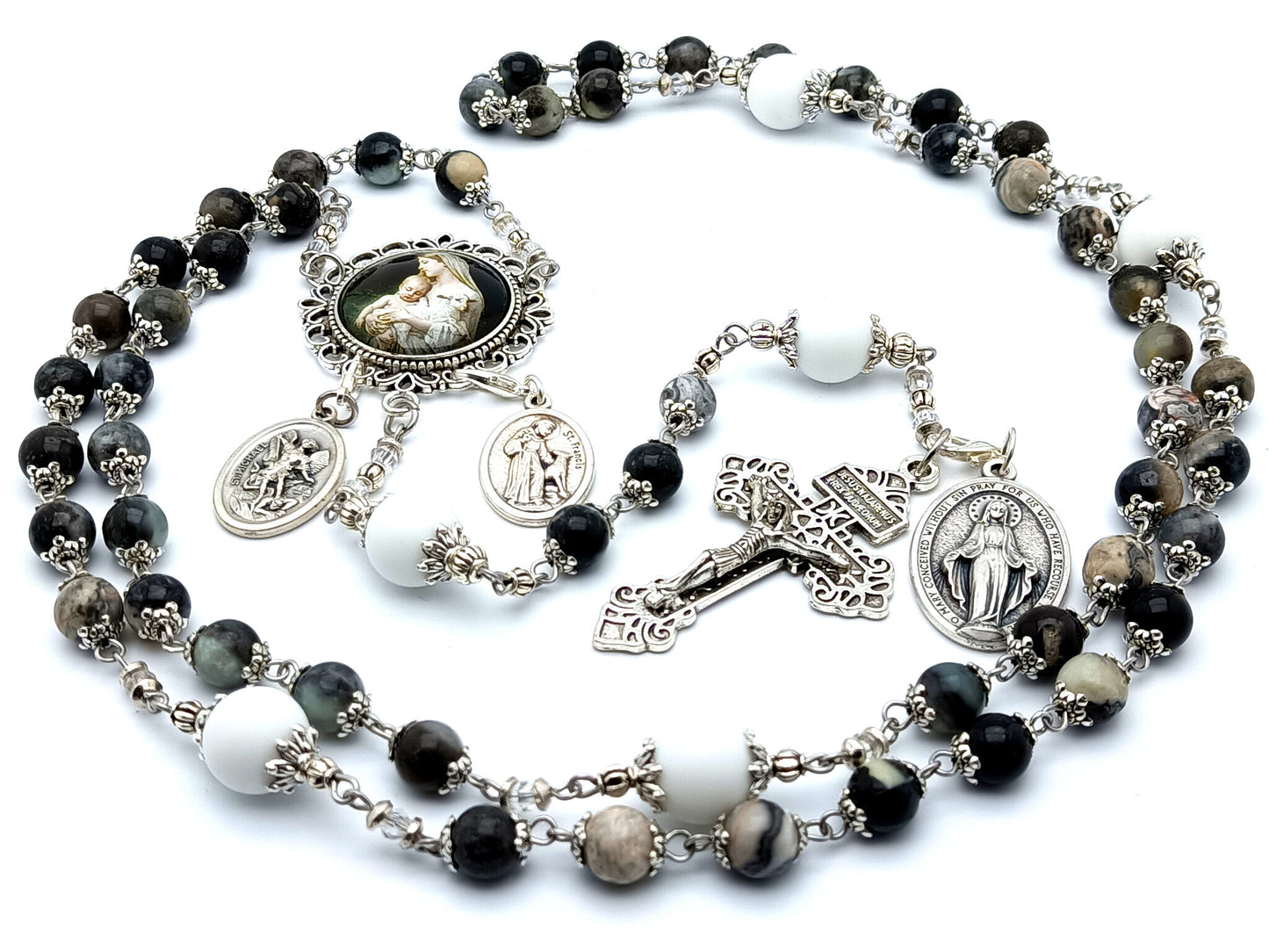 Virgin Mary and St Francis unique rosary beads with black and white gemstone beads and pardon crucifix and miraculous medal.