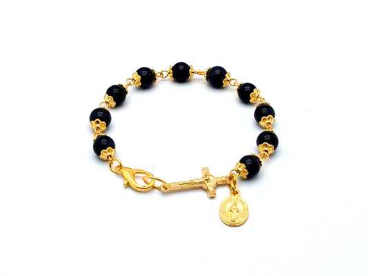 Miraculous medal unique rosary beads gold and onyx gemstone single decade rosary bracelet with Saint Benedict crucifix.