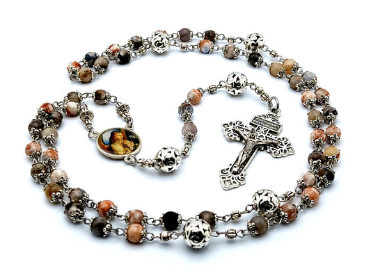 Angel Gabriel and Our Lady of Sorrows jasper gemstone rosary beads with pardon crucifix and filigree Our Father beads.