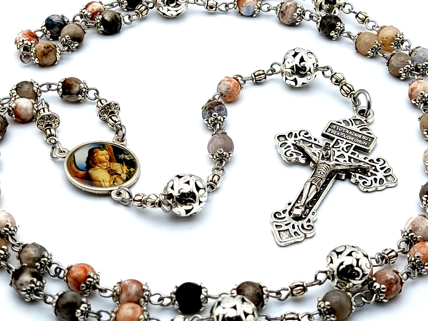 Angel Gabriel and Our Lady of Sorrows jasper gemstone rosary beads with pardon crucifix and filigree Our Father beads.