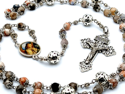 Angel Gabriel and Our Lady of Sorrows jasper gemstone rosary beads with pardon crucifix and filigree Our Father beads.