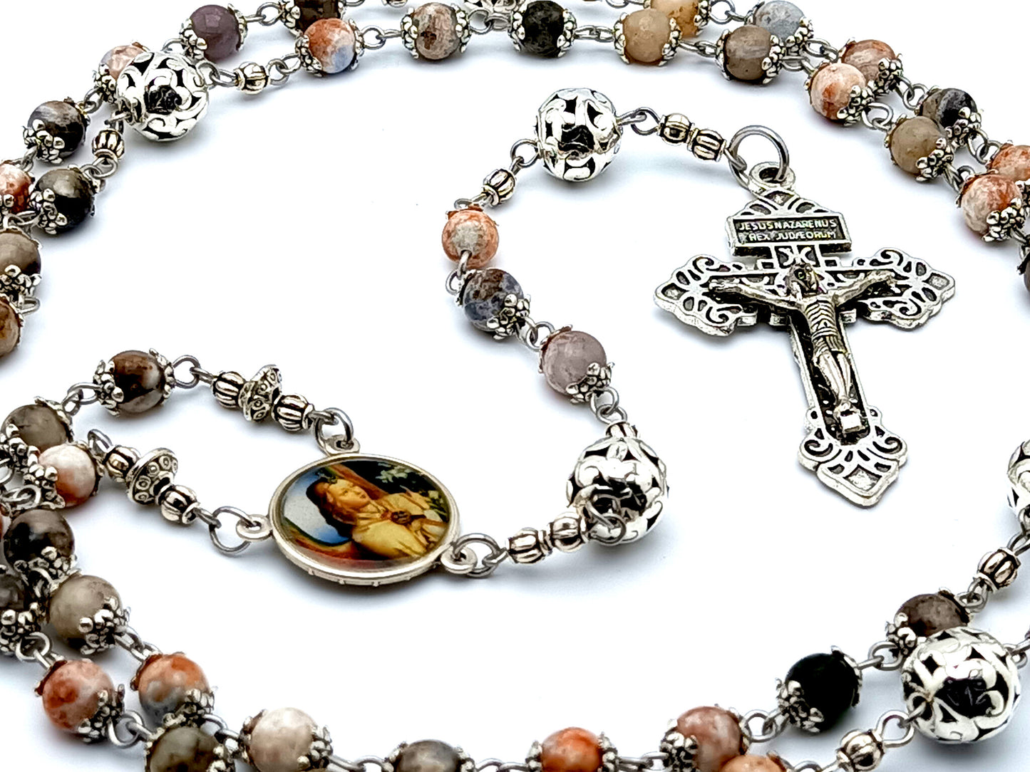 Angel Gabriel and Our Lady of Sorrows jasper gemstone rosary beads with pardon crucifix and filigree Our Father beads.