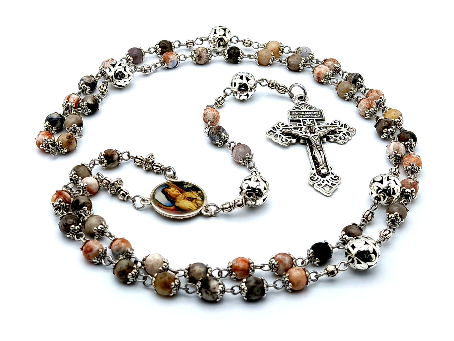 Angel Gabriel and Our Lady of Sorrows jasper gemstone rosary beads with pardon crucifix and filigree Our Father beads.