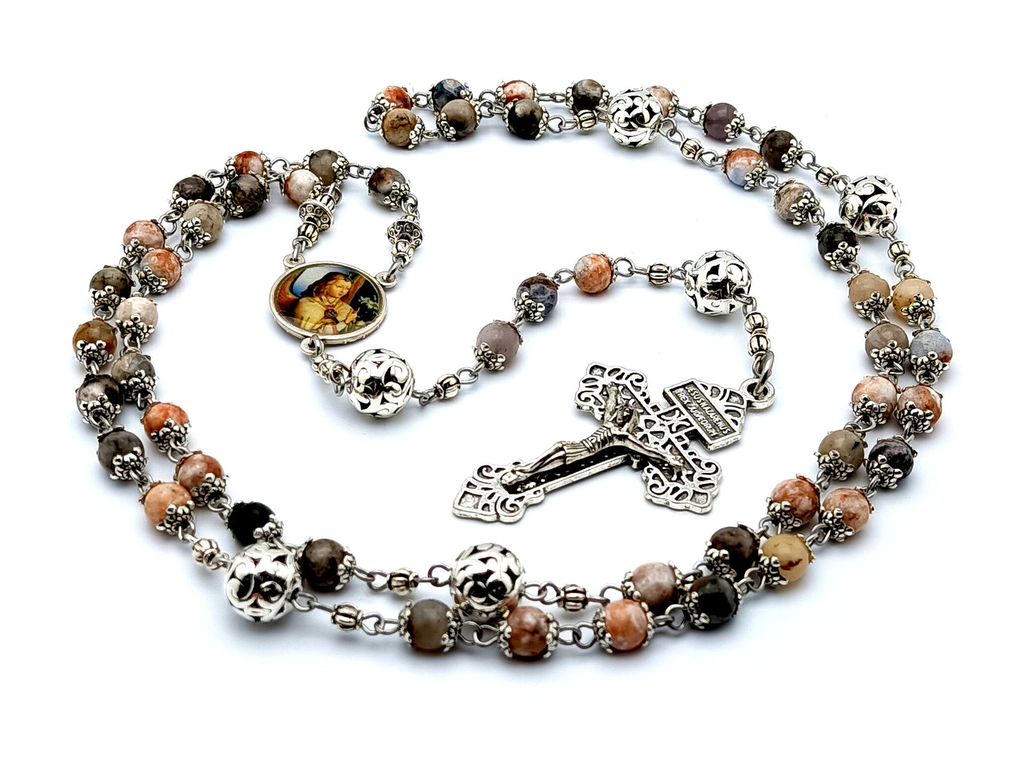 Angel Gabriel and Our Lady of Sorrows jasper gemstone rosary beads with pardon crucifix and filigree Our Father beads.