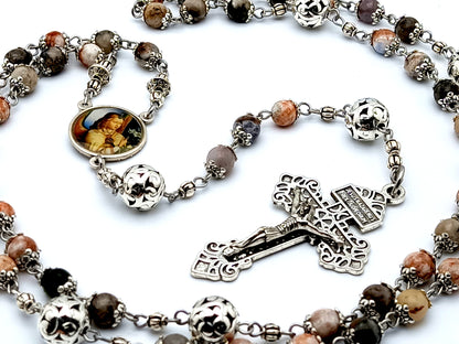 Angel Gabriel and Our Lady of Sorrows jasper gemstone rosary beads with pardon crucifix and filigree Our Father beads.