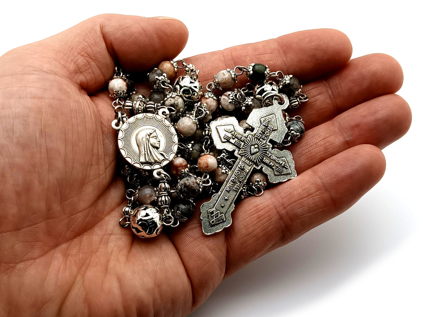 Angel Gabriel and Our Lady of Sorrows jasper gemstone rosary beads with pardon crucifix and filigree Our Father beads.