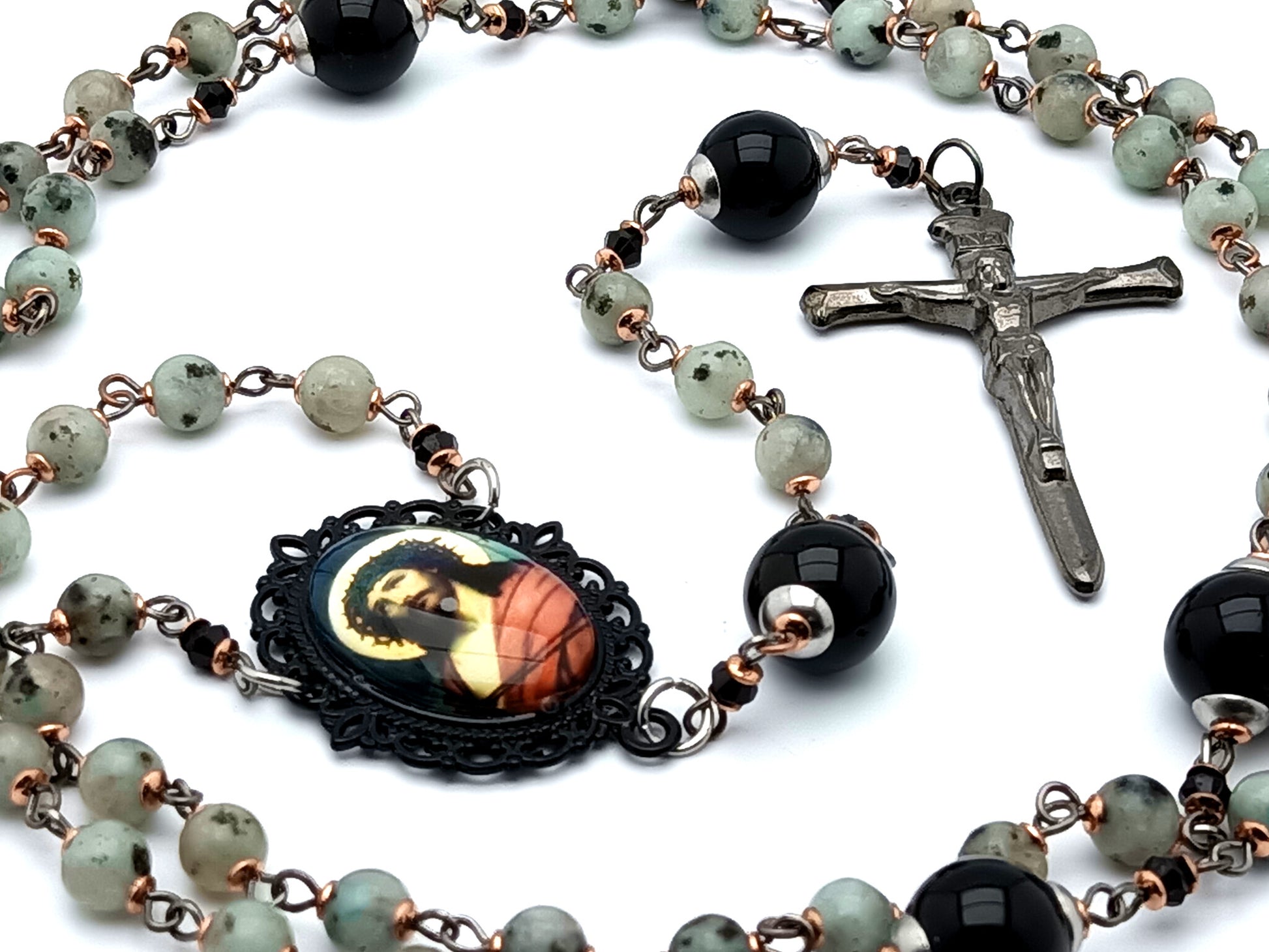 The Crowning of Thorns unique rosary beads with jasper and onyx gemstone beads and nail design crucifix.