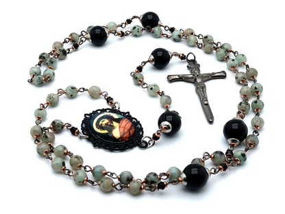 The Crowning of Thorns unique rosary beads with jasper and onyx gemstone beads and nail design crucifix.