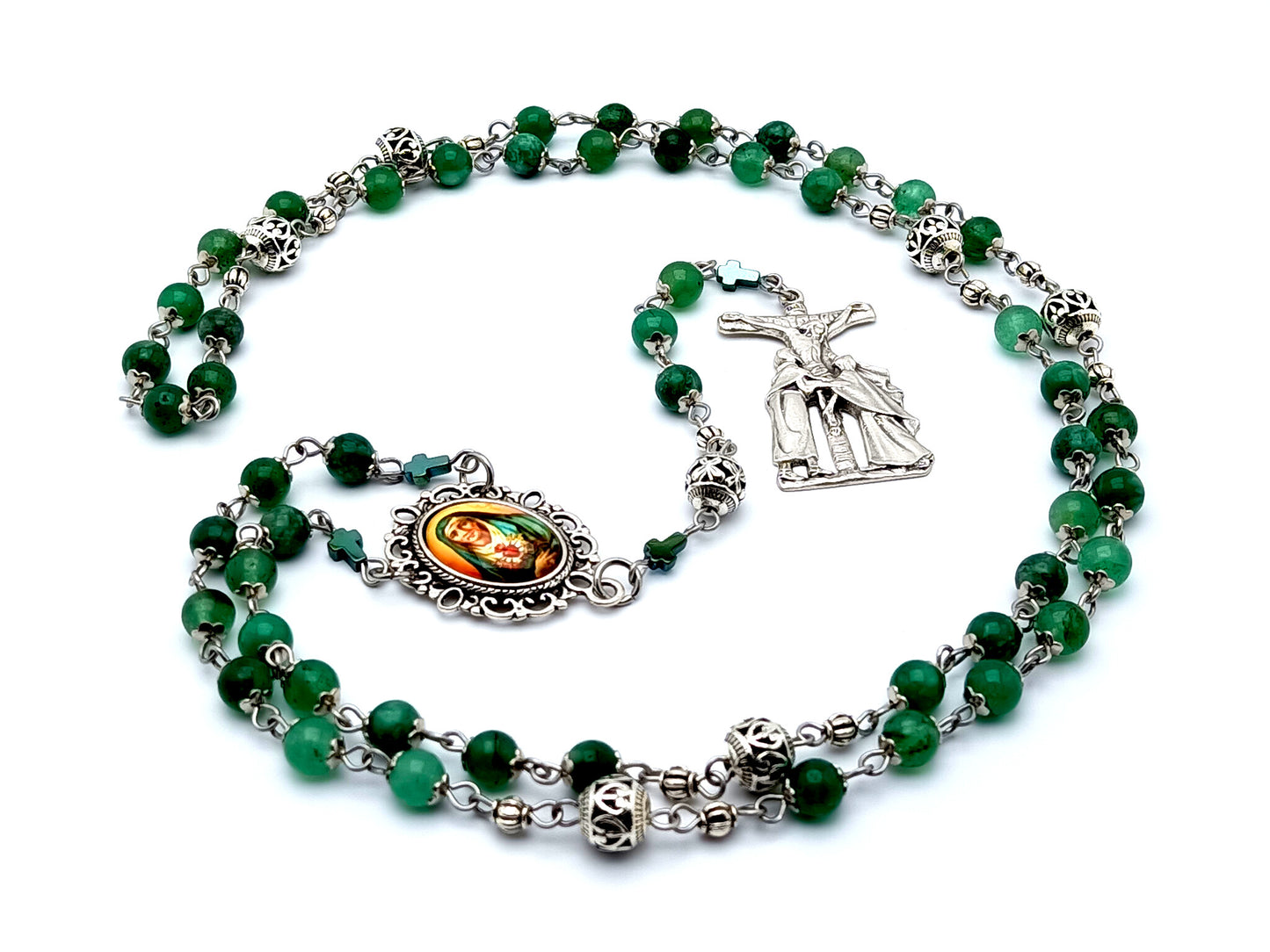 Our Lady of Sorrows unique rosary beads dolor prayer chaplet in agate gemstones and silver beads with Saint John and Mary at the foot of the cross crucifix.
